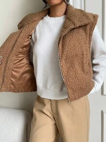 SHEIN EZwear 女式纯色无袖夹棉背心夹克，学院风，冬季 - 咖啡棕 - 查看 7