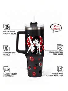 Betty Boop x SHEIN 40盎司带把手保温杯，真空保温水瓶，不锈钢旅行杯，车载杯，吻痕，嘴唇图案，礼品创意，派对，节日，情人节 - 黑色 - 查看 3