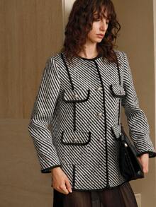 Arave Women's Woven Tweed Fabric Small Round Neck Straight Shoulders Long Sleeves Short Straight Cut Tassel Lace Decoration Design Black Edge Contrast Design Daily Casual Regular Jacket Fall Clothes For Women