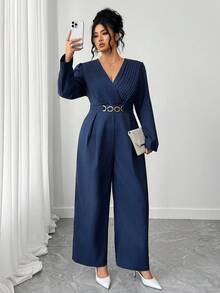 Elenzga Bộ đồ liền thân dài xếp ly thanh lịch màu trơn cỡ lớn dành cho nữ, bộ đồ liền thân dài thon gọn khi đi làm và dự tiệc, mùa thu/đông - Màu xanh lam - Xem 7