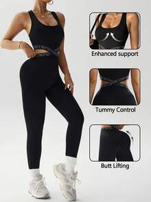 Dewbera Bộ đồ liền thân thể thao dành cho nữ, cổ chữ U, eo chun, lưng chéo, dài 3/4, phù hợp mặc hàng ngày, chạy bộ, yoga, tập gym - màu đen - Xem 2