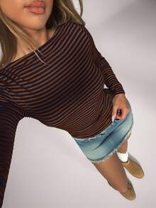 SHEIN Forever 21 Áo thun nữ cổ thuyền tay dài họa tiết sọc raglan - màu nâu - Xem 7