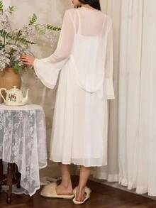 Côtesoire 法式优雅蕾丝女士睡衣套装，秋冬服装 - 白色 - 查看 2