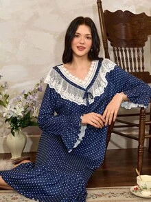 French Polka Dot Lace Contrast Ruffle Trim Women's Nightgown, Fall - Multicolor - View 6