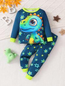 SHEIN Bộ đồ ngủ bó sát tay dài in hình khủng long 3D phát sáng trong bóng tối tia UV cho bé trai - Nhiều màu - Xem 4