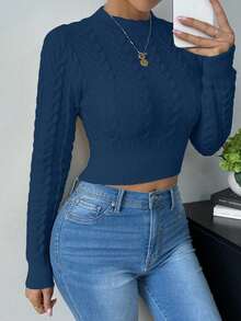 Zielony 女式秋季麻花图案圆领长袖短款修身毛衣 - 水鴨藍 - 查看 7