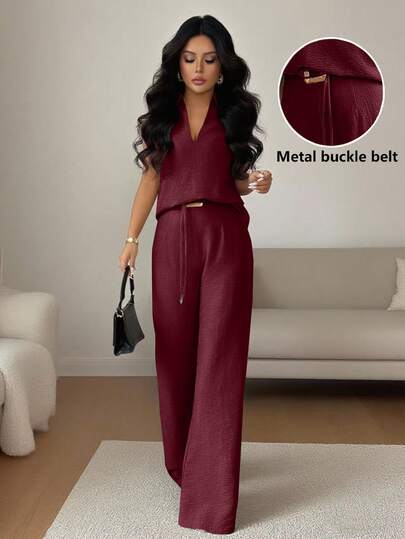 Rafferiza 2pcs/Set Women's Fashionable Casual V-Neck Sleeveless Top And Loose Distinctive Belt Decor Straight Leg Pants, Spring/Summer