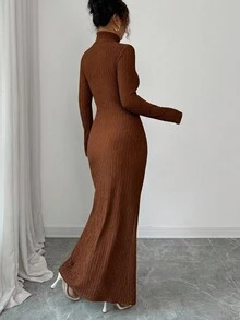 Rafferiza Vestido de punto elástico con cuello alto, manga larga y drapeado, versátil y sexy para el otoño/invierno