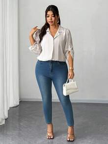 Elenzga Chemise décontractée à rayures abricot grande taille, polyvalente, à la mode et élégante