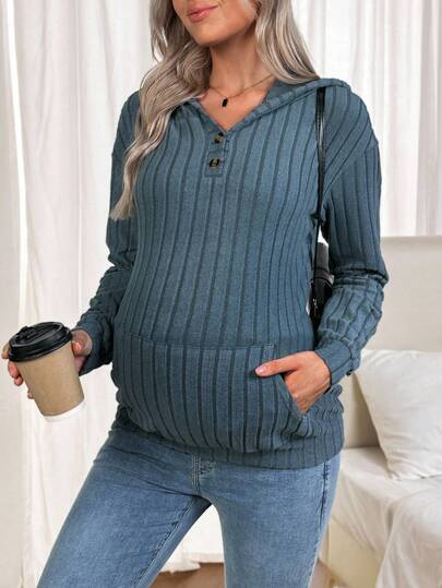 SHEIN Pregnant Women's Casual Everyday Simple Solid Color Ribbed Pocket Half-Button Hoodie Sweatshirt, Spring/Autumn