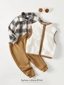 Cozy Pixies Bộ đồ 3 món cho bé trai: Áo sơ mi dài tay ve kẻ caro cài nút, áo vest dày không tay màu tương phản và quần cạp chun - Màu Khaki - Xem 3