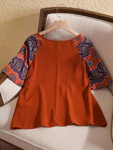 EMERY ROSE Plus Size Round Neck Short Sleeve Casual Blouse,Boho Summer,Western Wear,Vacation, Fall Top - Rust Brown - View 2