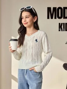 SHEIN 青少年女孩休闲日常通勤纯色刺绣 V 领粗针织套头衫，秋冬 - 白色 - 查看 5
