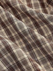 SHEIN MOD 女士格子印花V领灯笼袖褶皱修身迷你连衣裙，适合工作、上学、休闲穿着，秋季女装，衬衫裙，棕色格子，办公室着装，长袖，收腰设计，婚礼宾客，派对，鸡尾酒会，长袖迷你连衣裙，复古格纹风格，低调奢华装扮，老钱美学，灵感风格，约会之夜装扮，节日聚会装扮，经典格子图案，大地色系，时尚日常连衣裙 - 棕色 - 查看 5