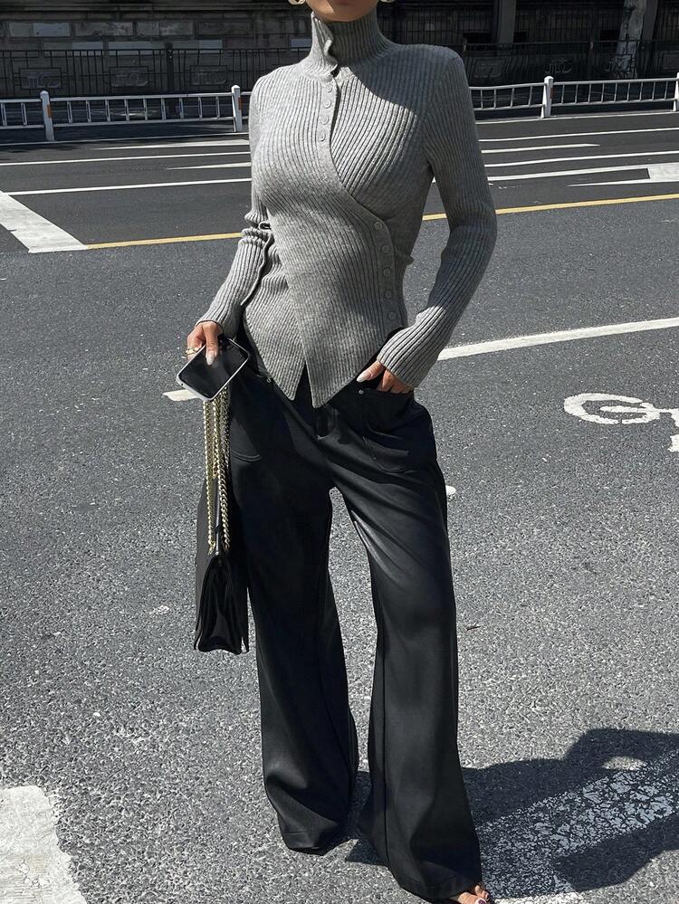 Women's Autumn High Neck Criss-Cross Hem Sweater