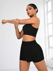 Eassivo Eassivo 女式纯色二合一休闲运动短裤（带口袋） - 黑色 - 查看 5