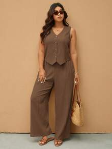 Elaquor Plus Size Solid Color Sleeveless Top And Wide Leg Pants 2 Pieces Set Plus Size Pant Set Women Plus Clothing Jumpsuit Plus Size Summer Outfit Casual Pant Suit Sleeveless Jumpsuit Plus Size