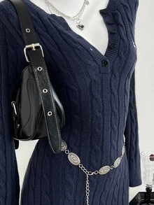 SHEIN Unity Women's Navy Blue Elegant Everyday Ribbed Knit Sweater Dress,Vintage Round Neck Button Front Long Sleeve Embroidered Bodycon Ruffle Hem Autumn Cloth - Royal Blue - View 6