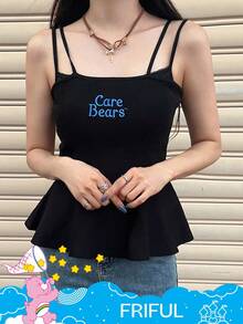 FRIFUL SHEIN X Care Bears 2 件女式字母刺绣荷叶边下摆吊带背心和开衫套装 - 黑色 - 查看 6