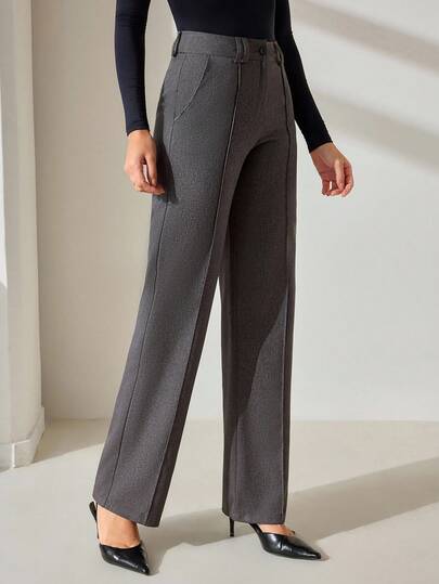 CLARA VERO Women's Solid Seam Detailed Tabby Weave Quality Elegant Suit Pants