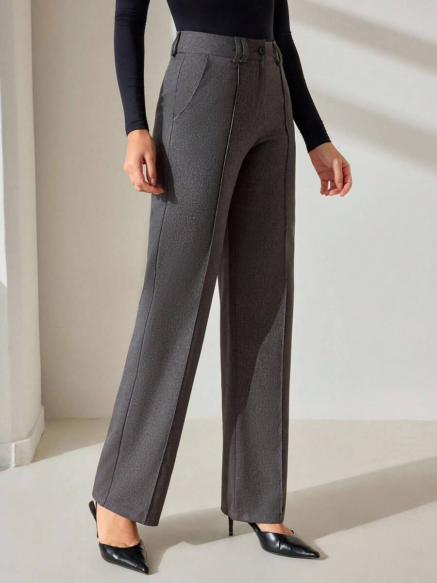 CLARA VERO Women's Solid Seam Detailed Tabby Weave Quality Elegant Suit Pants - Grey - View 1