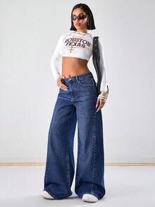 EURMUSE Mid Waist Dark Washed Wide Leg Jeans - Dark Wash - View 5