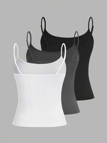 SHEIN EZwear 3 件套女士休闲吊带背心套装，带贴纸图案，夏季百搭修身背心 - 彩色 - 查看 2