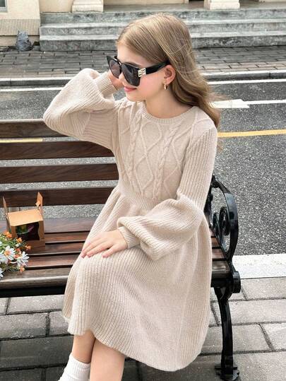 SHEIN Tween Girl Casual/Holiday A-Line Round Neck Long Sleeve Sweater Dress, Autumn/Winter, For Daily Wear, Tween Girls Apricot Long Sleeve Sweater Dress, Homecoming For Autumn Winter, Sister Matching Outfits Matching Clothes For Girls, Girls Solid Beige Dress Girls, French Style Sweat Dress, Girls Spring Autumn French Style Dress Fall Girls Knitted Dress Girls Sweater Dress Girls Fall Dress Kids Knit Dress For Girls Beige Dress For Girls Girls Knit Dress