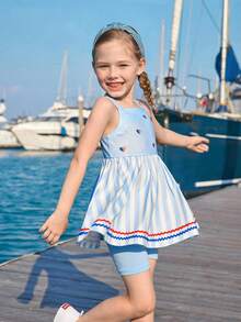 Joliand Joliand 2 pièces/Set Jeune fille Top de camisole et short imprimé cœur élégant et drapeau national, adapté pour le casual, les voyages, la plage, les festivals - Multicolore - Voir 4