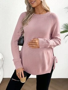 SHEIN 孕妇基本款纯色扭结圆领毛衣，休闲日常穿着 - 藕粉色 - 查看 6