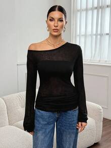 SHEIN Tall T-shirt noir d'automne basique sexy et chic pour femmes, couleur unie, col incliné, manches longues, top décontracté ample et transparent avec épaules dénudées, pour femmes grandes - Noir - Voir 10