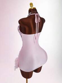 Amplova 深 V 领挂脖亮片与毛茸茸拼布紧身迷你连衣裙 - 粉色 - 查看 4