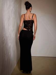 SHEIN BAE Modisches, sexy Damen Party-Kleid mit Pailletten-Stickerei und ausgeschnittener Träger - Schwarz - Übersicht 2