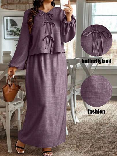 Weeklong Plusstorlek Dam Enfärgad Lyktärm Knytskjorta Och Minikjol Casual 2-delat Set