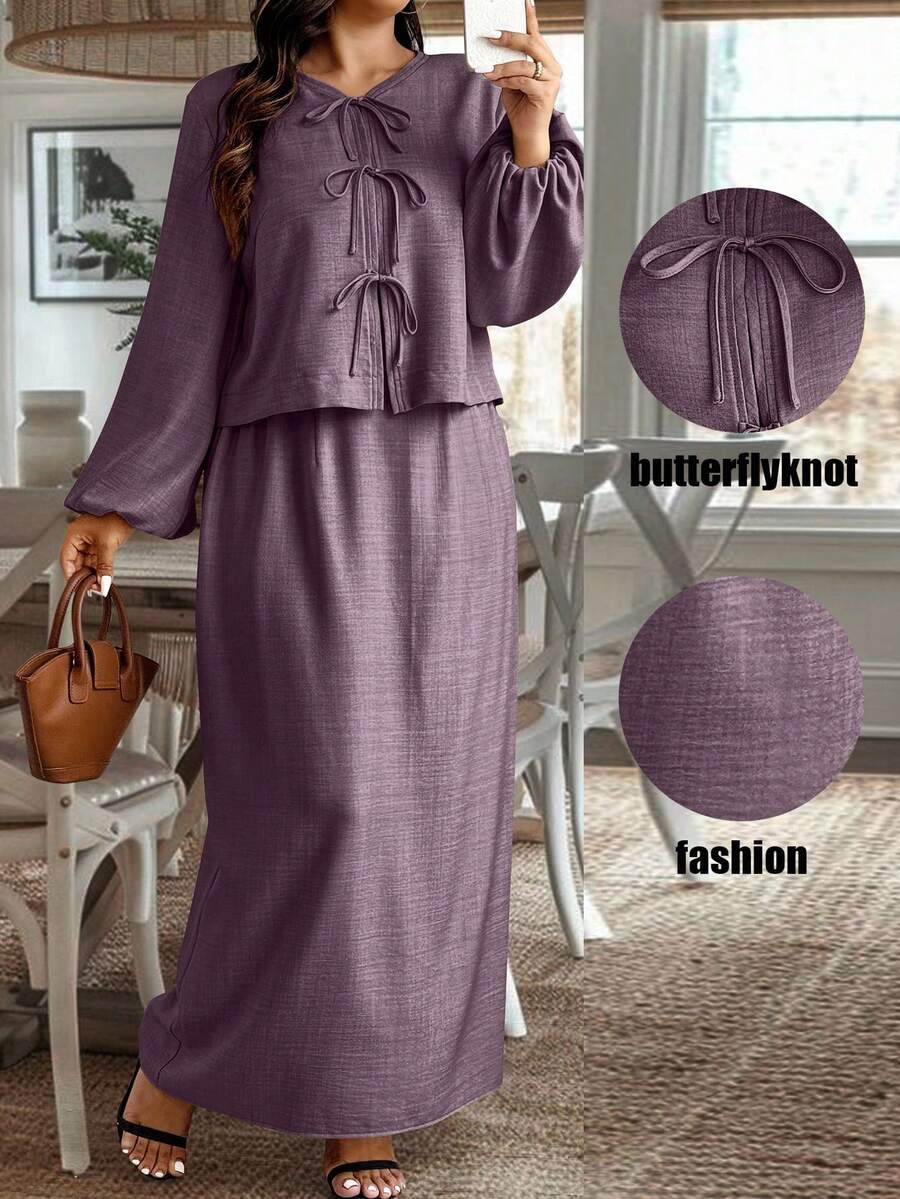 Weeklong 大码女式纯色灯笼袖前系带衬衫和迷你裙休闲两件套