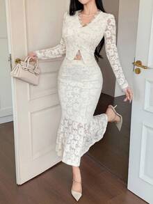 DAZY 2pcs V-Neck Long Sleeve Lace Mermaid Hem Bodycon Dress, Elegant Mini Cocktail Dress