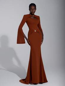 Elitara Váy dạ hội trang trọng đuôi cá thiết kế hở vai, tay loe, xẻ tà, chất liệu kim loại thủ công màu đỏ nâu sang trọng và thanh lịch dành cho nữ - màu nâu - Xem 6
