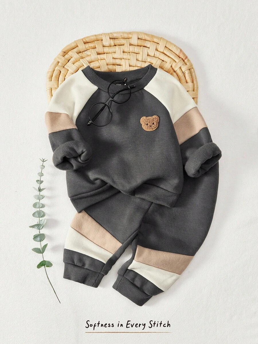 Cozy Pixies 2pcs/Set Baby Boy Contrast Color Round Neck Raglan Sleeve Pullover Sweatshirt And Elastic Waist Pants Outfit - Grey - View 1