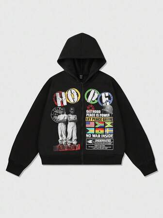 Street Life Herren Grafik Slogan Muster Reißverschluss Hoodie, Retro Straßen-Stil, Herbst Winter