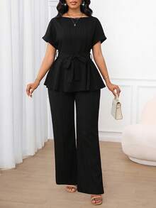 SHEIN Lady 女士纯色休闲优雅通勤提花面料，宽松腰部 A 形下摆，短袖上衣和宽松直筒裤两件套，适合春夏秋季度假装，女士办公室装，女士返校装，教堂装，女士外出装，端庄机场装 - 黑色 - 查看 6