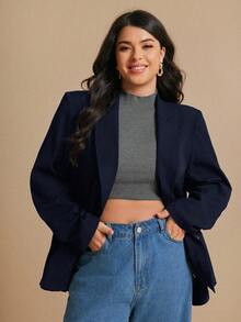 Elaquor Blazer casual versátil de manga larga con abertura lateral en unicolor para tallas grandes en otoño/invierno