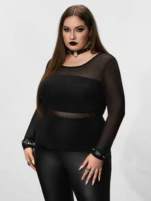 SHEIN CURVE+ 大码透视长袖上衣，万圣节，秋冬 - 黑色 - 查看 4