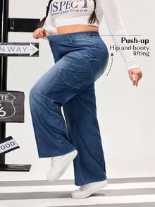 Flexra 大码女式高街运动针织牛仔工装口袋阔腿直筒裤 - 深色水洗藍 - 查看 4