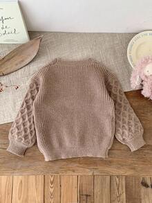 SHEIN LMoss Kids 少女休闲百搭棕色长袖毛衣，秋冬 - 棕色 - 查看 2