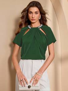 Almamuse Atasan Wanita Elegan dengan Kerah Berhiaskan Manik-Manik - Dark Green - View 3