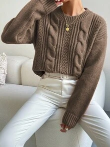 Chiquease Cable Knit Drop Shoulder Sweater,Long Sleeve Tops Knit Pullover Fall Winter Outfit - Khaki - View 3