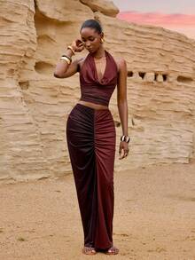 Zivah Summer Vacation Holiday Brown Stripe 2 Pieces Set,Seksi Chic Draped Neck Tie-Up Top & Ruched Long Slit Skirt,Tie-Dye Ombre Print 's Wear - Brown - View 4