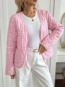 SHEIN LUNE Áo khoác chần bông có túi và nơ cho nữ, màu đỏ và trắng, mùa thu/đông - Đỏ và trắng - Xem 3