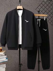 SHEIN Teen Boys Casual Street Bird Print Solid Color Versatile Comfortable Plain Long Sleeve Bomber Jacket And Long Pants Set, Suitable For Commuting, School, Casual, Holiday, Sports, Party, Fall Autumn And Winter Seasons Boys Sweatsuits Set Boy Teen 2pc Sets Tracksuit Jogging Track Suit For Teen Boys Boys Autumn Winter Casual Two Piece Set