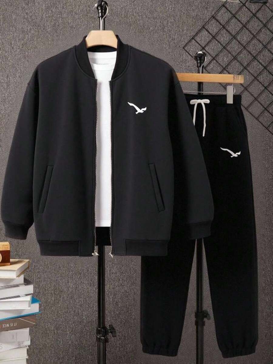 SHEIN Teen Boys Casual Street Bird Print Solid Color Versatile Comfortable Plain Long Sleeve Bomber Jacket And Long Pants Set, Suitable For Commuting, School, Casual, Holiday, Sports, Party, Fall Autumn And Winter Seasons Boys Sweatsuits Set Boy Teen 2pc Sets Tracksuit Jogging Track Suit For Teen Boys Boys Autumn Winter Casual Two Piece Set